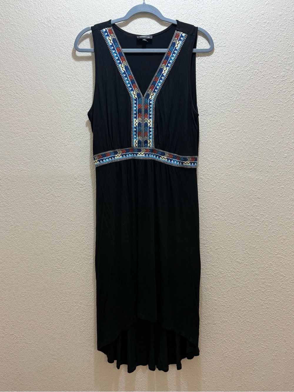 Spense Black High-Low Dress with Colorful Embroidered Trim